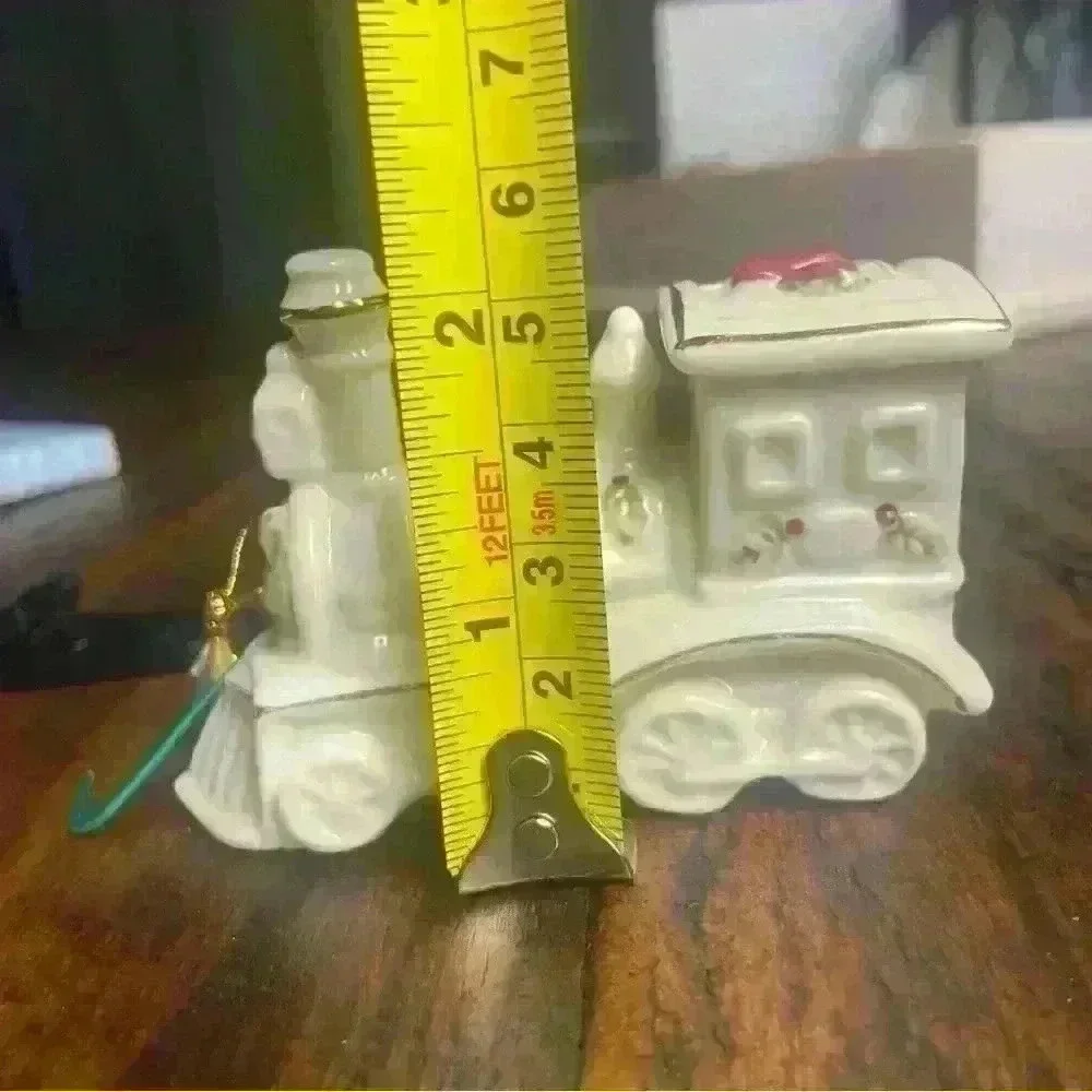 Porcelain Train Ornament, beautiful‎ detailed painted train, with gold trim.